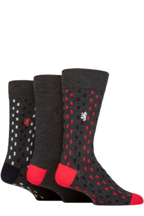 Mens 3 Pair Pringle Black Label Bamboo Patterned, Argyle and Striped Socks Double Spot Charcoal 7-11