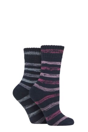 Women's 2 Pair SOCKSHOP Wildfeet Thermal Socks Navy Pink / Blue Stripes 4-8 Women's