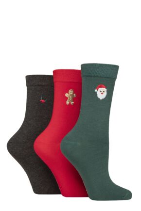 Women's 3 Pair SOCKSHOP Wildfeet Bamboo Embroidered Christmas Socks