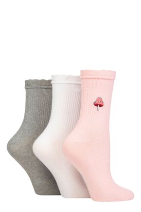 Women's 3 Pair SOCKSHOP Wildfeet Mid Length Frill Top Embroidered Socks