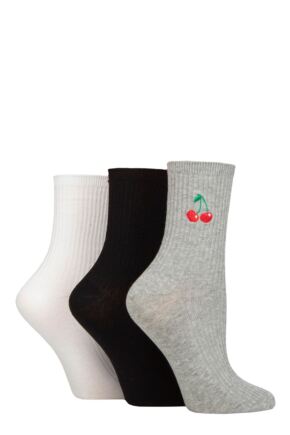 Women's 3 Pair SOCKSHOP Wildfeet Embroidered Ribbed Socks