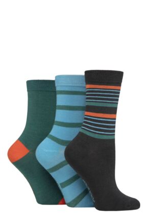 Ladies 3 Pair SOCKSHOP Patterned Plain and Striped Bamboo Socks Striped Storm 4-8