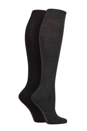 Women's 2 Pair SOCKSHOP Plain and Patterned Bamboo Knee High Socks with Smooth Toe Seams Grey