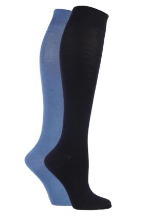 Women's 2 Pair SOCKSHOP Plain and Patterned Bamboo Knee High Socks with Smooth Toe Seams Navy