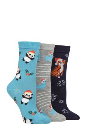 Women's 3 Pair SOCKSHOP Lazy Panda Christmas Bamboo Socks