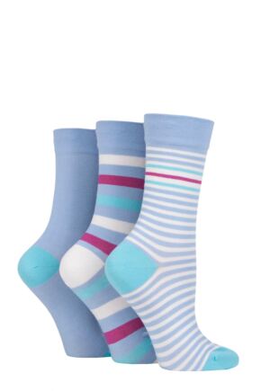 Women's 3 Pair SOCKSHOP Gentle Bamboo Socks with Smooth Toe Seams in Plains and Stripes Cornflower 4-8