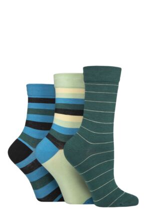 Ladies 3 Pair SOCKSHOP Gentle Bamboo Socks with Smooth Toe Seams in Plains and Stripes Storm 4-8