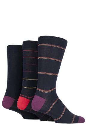 Mens 3 Pair SOCKSHOP Comfort Cuff Gentle Bamboo Striped Socks with Smooth Toe Seams Navy / Red 7-11