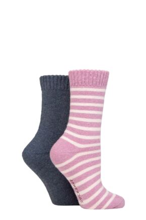 Women's 2 Pair SOCKSHOP Wool Mix Striped and Plain Boot Socks Smokey Pink Striped 4-8