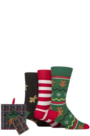 Mens 3 Pair SOCKSHOP Wildfeet Cotton Christmas Socks in Tartan Gift Box