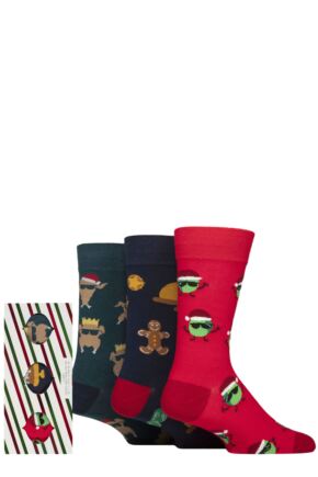 Mens 3 Pair SOCKSHOP Wildfeet Cotton Christmas Socks in Candy Cane Gift Box