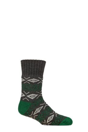 Mens 1 Pair SOCKSHOP Wildfeet Patterned Slipper Socks Charcoal Green / White 7-11 Mens