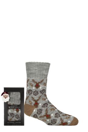 Mens 1 Pair SOCKSHOP Wildfeet Christmas Slipper Socks in Santa Patterned Gift Box