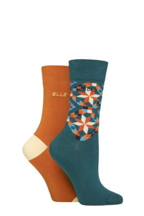 Ladies 2 Pair Elle Bamboo Patterned and Plain Socks Marmalade 4-8