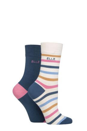 Women's 2 Pair Elle Bamboo Striped and Plain Socks Seafarer 4-8