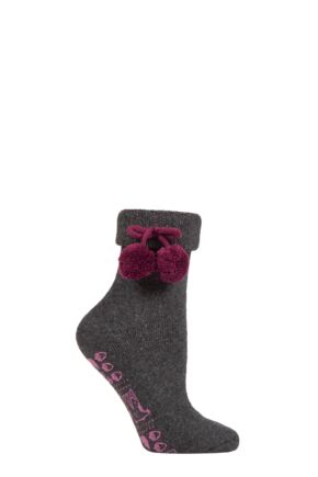 Women's 1 Pair Elle Wool Mix Slipper Socks with Pompoms Charcoal /  Purple 4-8 Ladies