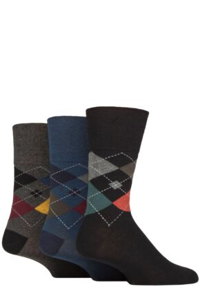 Mens 3 Pair Gentle Grip Cotton Argyle Patterned and Striped Socks