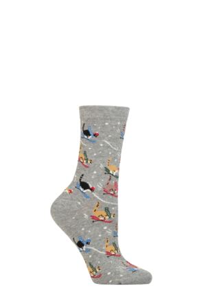 Women's 1 Pair Thought Amaryllis Skiing Cat Organic Cotton Socks