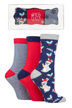 Women's 3 Pair SOCKSHOP Wildfeet Christmas Flat Gift Boxed Socks