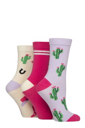 Women's 3 Pair SOCKSHOP Wildfeet Cotton Novelty Patterned Socks Disco Cowgirl 4-8 Women's