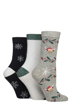 Women's 3 Pair SOCKSHOP Wildfeet Cotton Christmas Gift Socks