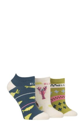 Women's 3 Pair Elle Plain, Stripe and Patterned Cotton No-Show Socks