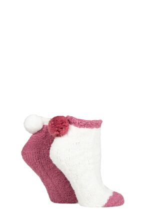 Women's 2 Pair Elle Cable Cosy Anklet Socks with Pom Poms Mauvewood 4-8 Ladies