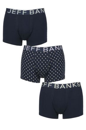 Mens 3 Pack Jeff Banks Cotton Patterned Trunks Navy Spots S