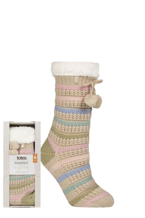 Ladies 1 Pair Totes Texture Stripe Wool Slipper Socks with Pom Poms from  SockShop