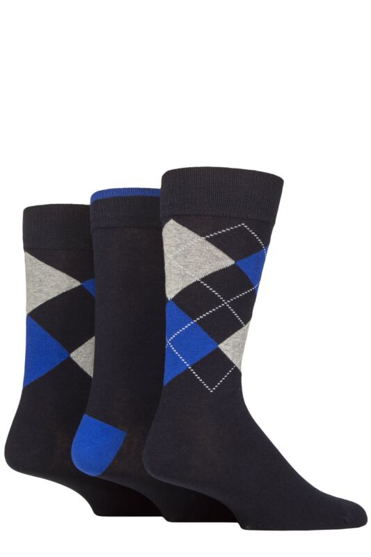 Mens 3 Pair Glenmuir New Waverley Cotton Argyle Patterned and Plain Socks