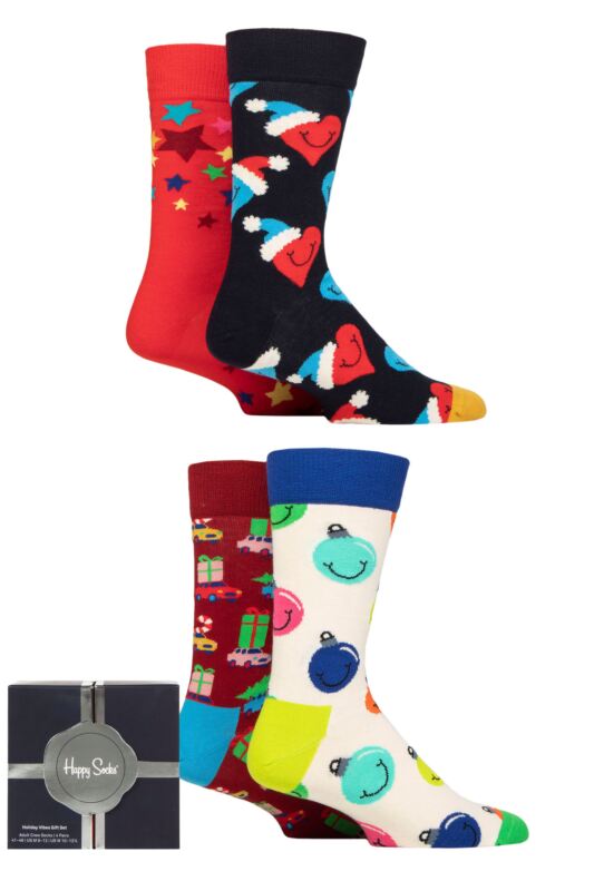 Mens and Women's 4 Pair Happy Socks Holiday Vibes Gift Boxed Socks