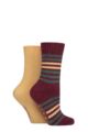 Ladies 2 Pair SOCKSHOP Wool Mix Striped and Plain Boot Socks - Cinnamon Striped