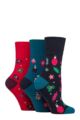 Women's 3 Pair SOCKSHOP Gentle Grip Christmas Socks - Navy / Red