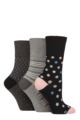 Women's 3 Pair Gentle Grip Cotton Patterned and Striped Socks - Graphic Grey Melange / Black