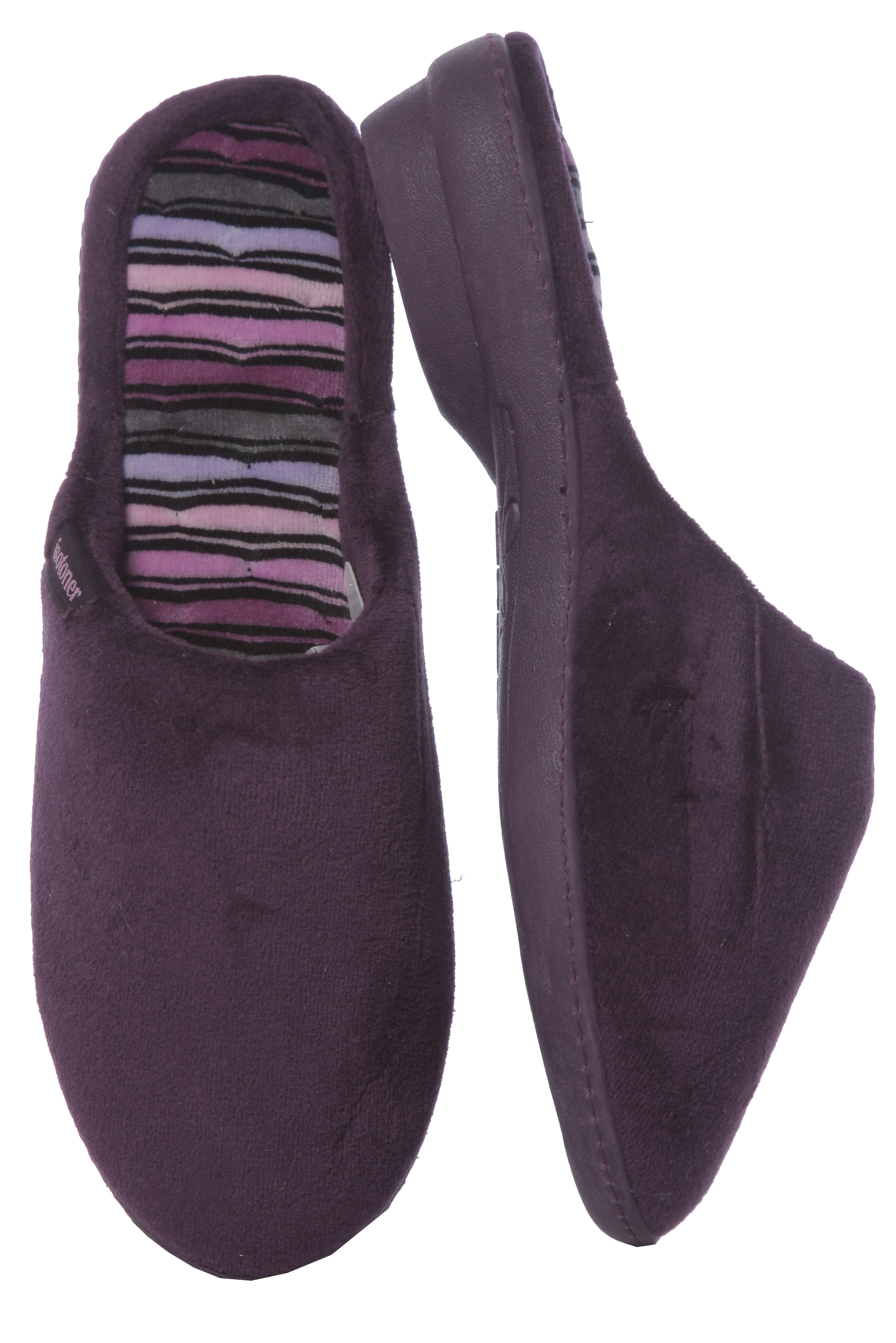 Ladies 1 Pair Isotoner Striped Velour Heeled Clog Slippers Plum 4 ...