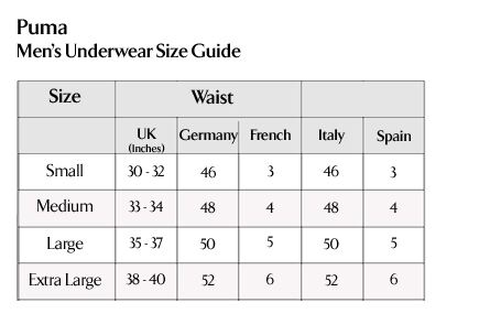 puma men's underwear size chart 